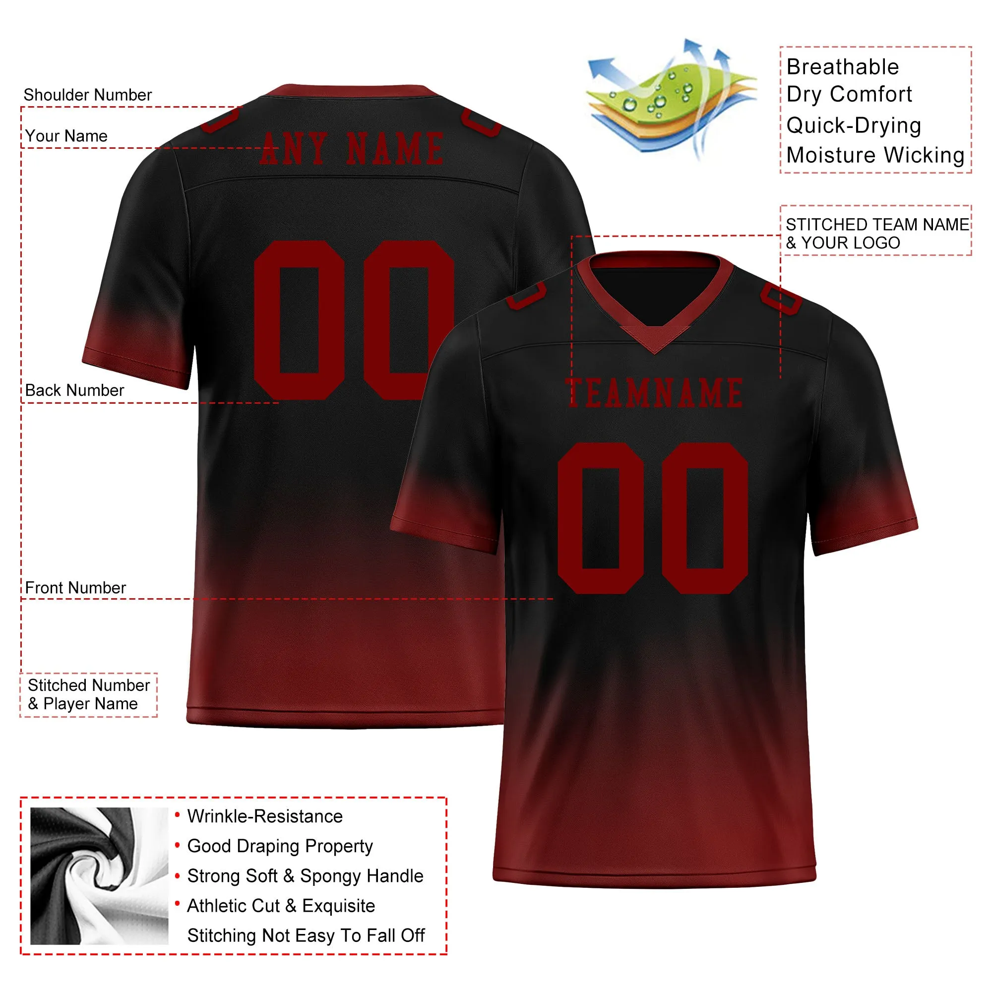 Custom Black Red Fade Fashion Personalized Authentic Football Jersey FBJ02-D06082