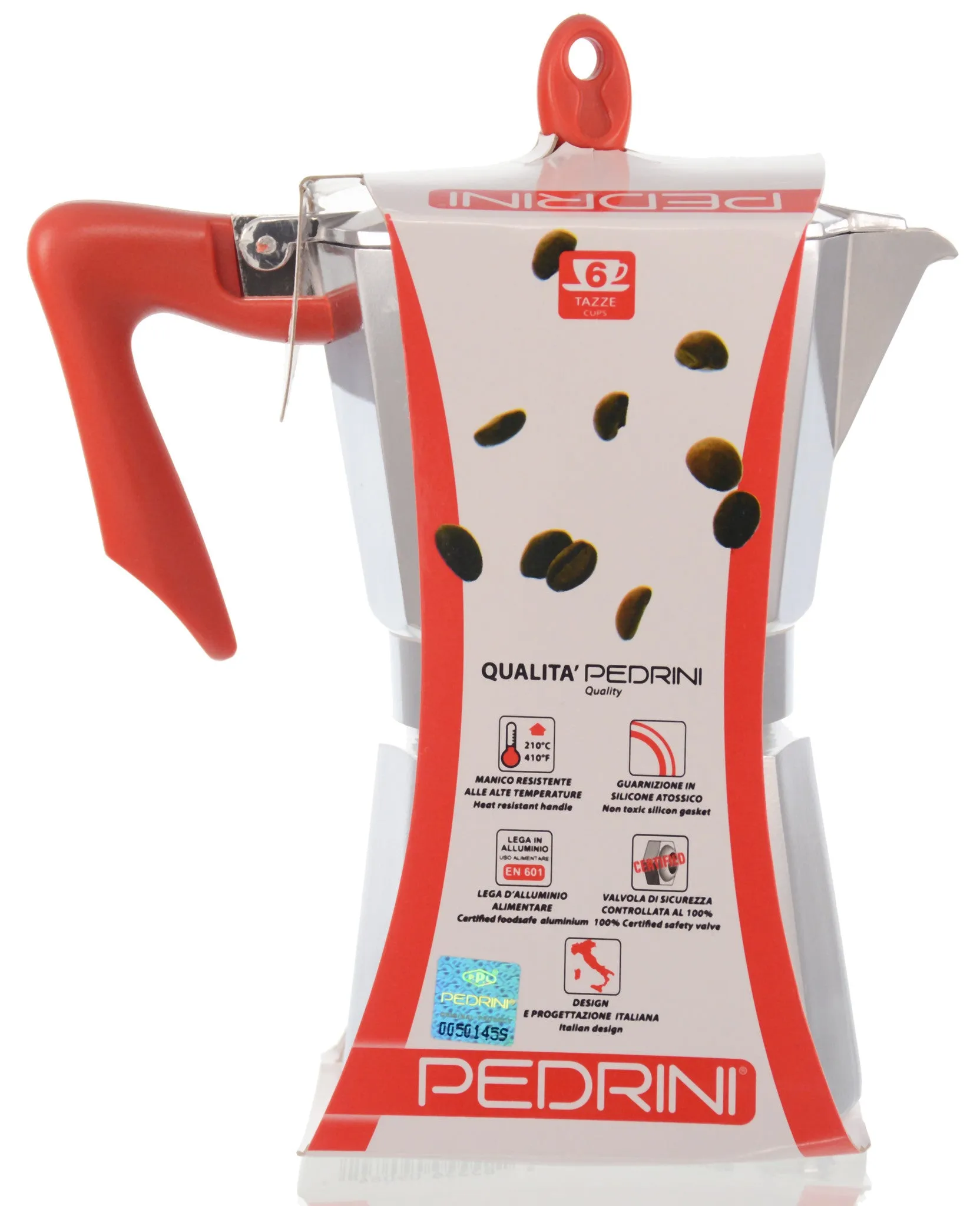 Espresso Coffee Maker Moka Pot: PEDRINI ITALY Polished Aluminium Stovetop Espresso Maker - Red & Chrome, available in 4 sizes