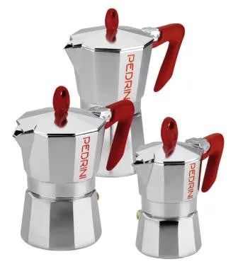 Espresso Coffee Maker Moka Pot: PEDRINI ITALY Polished Aluminium Stovetop Espresso Maker - Red & Chrome, available in 4 sizes