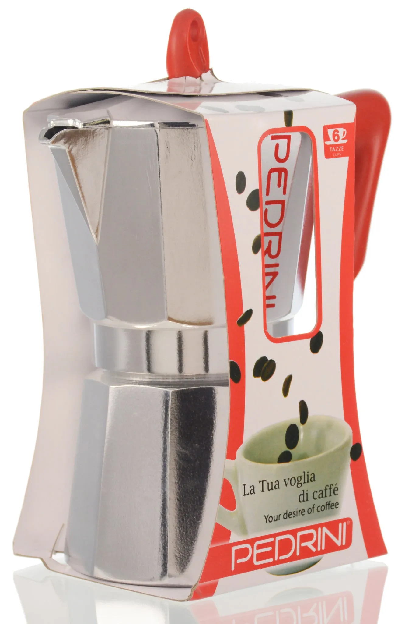 Espresso Coffee Maker Moka Pot: PEDRINI ITALY Polished Aluminium Stovetop Espresso Maker - Red & Chrome, available in 4 sizes