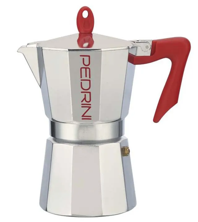 Espresso Coffee Maker Moka Pot: PEDRINI ITALY Polished Aluminium Stovetop Espresso Maker - Red & Chrome, available in 4 sizes