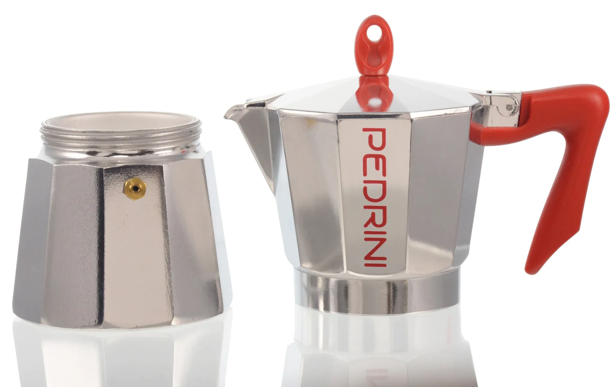 Espresso Coffee Maker Moka Pot: PEDRINI ITALY Polished Aluminium Stovetop Espresso Maker - Red & Chrome, available in 4 sizes